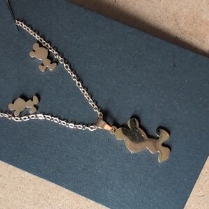 Stainless Steel Gold Necklace & Earrings Mouse Silhouette